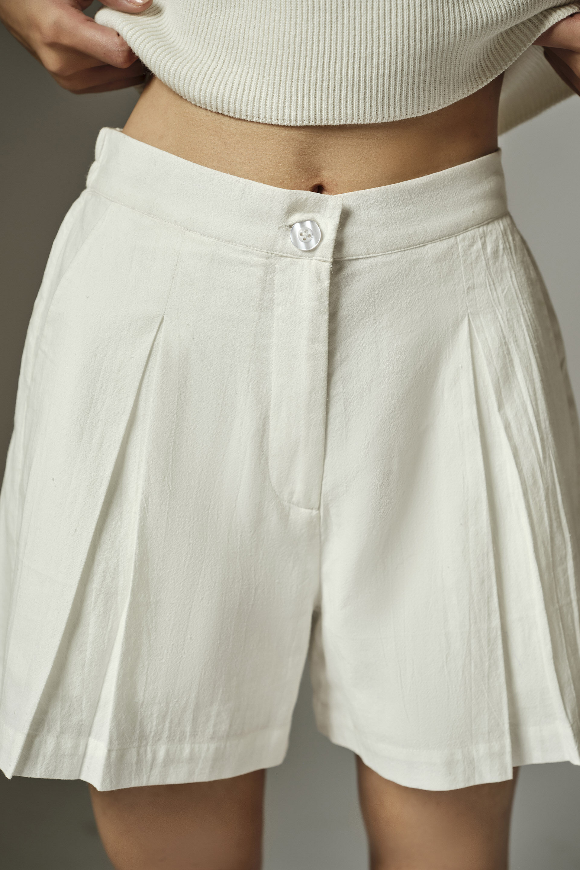 Off-White Pleated Shorts, White, image 2
